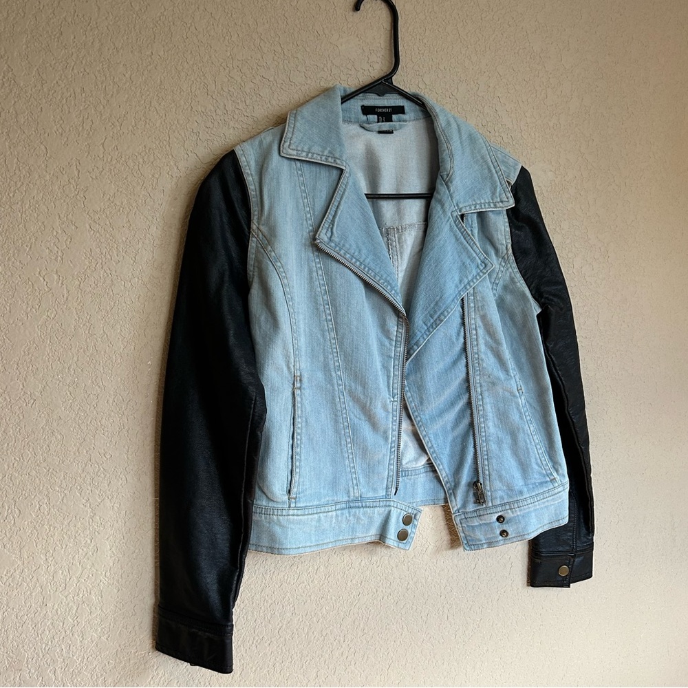 Light Blue Jean Jacket with Faux Leather Sleeves, Size Small